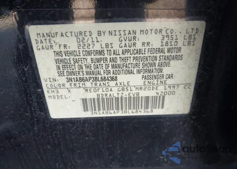 2011 Nissan Sentra 2.0Sr z USA, uszkodzony, nr VIN 3N1AB6AP3BL684368